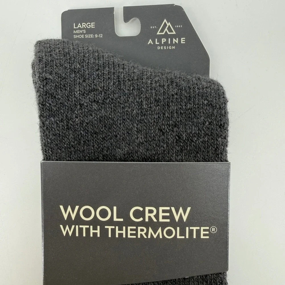Alpine Design Mens Wool Crew Socks with Thermolite Charcoal Large‎ 9-12